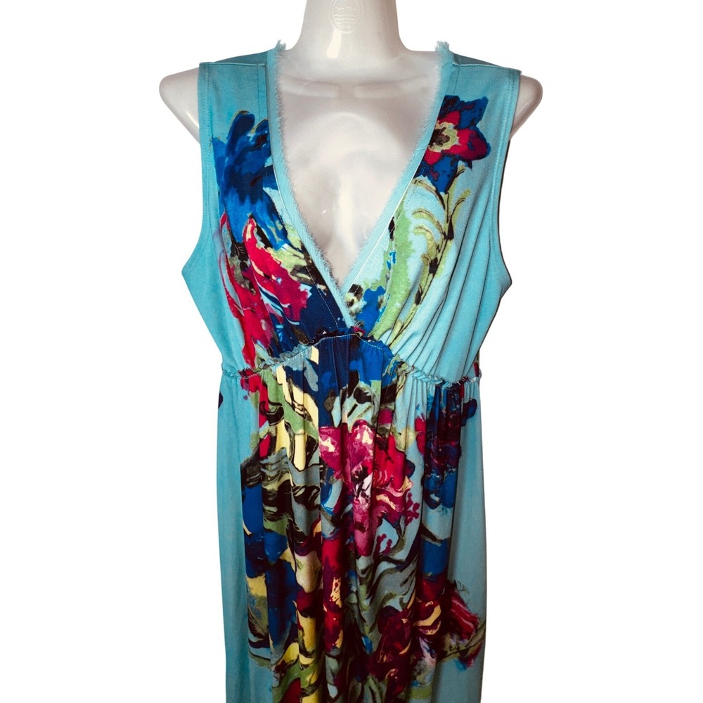 Vintage Y2K Rose Blue Floral V-Neck Midi Dress Medium Boho Beach Church Party - Picture 3 of 6